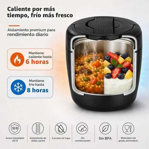 Vista 4 de Termo de sopa para comida caliente, contenedor de almuerzo aislado de acero inoxidable de 32 onzas, termo de boca ancha para sopa y alimentos Negro