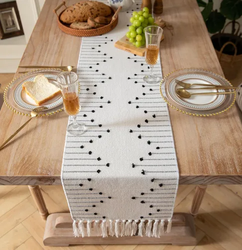 Vista 6 de Camino de mesa bohemio de 13 x 48 pulgadas de largo, tejido de algodón natural con borlas para decoración de mesa de comedor del hogar