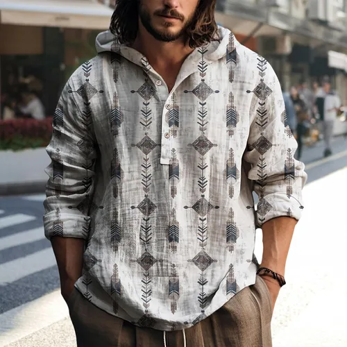 Vista 2 de Sudadera con capucha para hombre, con estampado azteca de otoño, de gran tamaño, manga larga, casual, con capucha