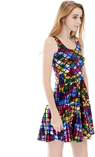 Vista 3 de Fashion Queen 14 colores mujeres escamas de pescado mini vestido sin mangas sirena skater vestido