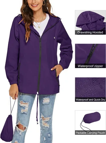 Vista 2 de Avoogue Chaqueta impermeable para mujer, ligera, transpirable, con capucha, rompevientos activos con bolsillo
