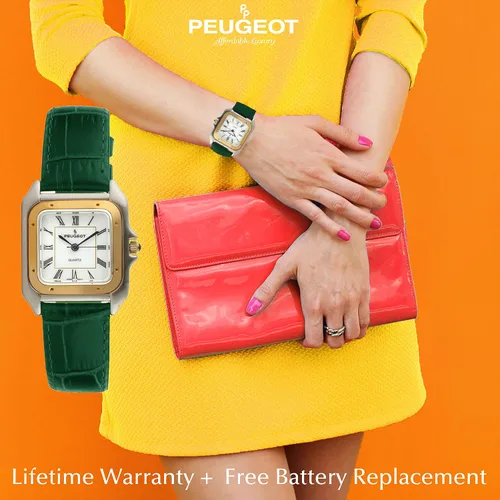 Vista 4 de Peugeot - Reloj de vestir de dos tonos con forma de tanque para mujer con correa de cuero de diseñador