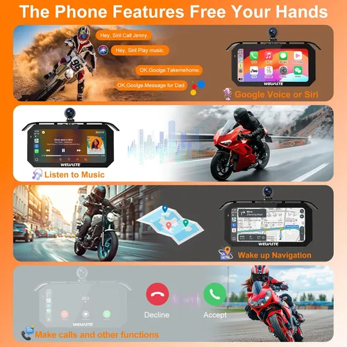 Vista 3 de 3PCS 1080P motocicleta Dash Cam, TPMS, 6.25" motocicleta Carplay & Android Auto Screen & HiCar, sensor de luz, grabación en bucle, controlador