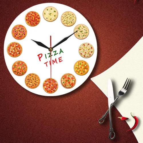 Vista 6 de The Geeky Days Diferentes gustos Pizza Time Reloj de pared de cuarzo silencioso moderno Italia sueños cocina decoración del hogar estilo napolitano