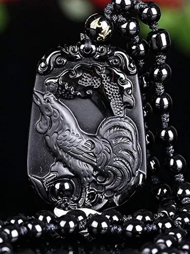 Vista 2 de Collar de animales de zodiaco chino con cuentas de obsidiana natural con cadena de cuentas ajustable Obsidiana Obsidiana