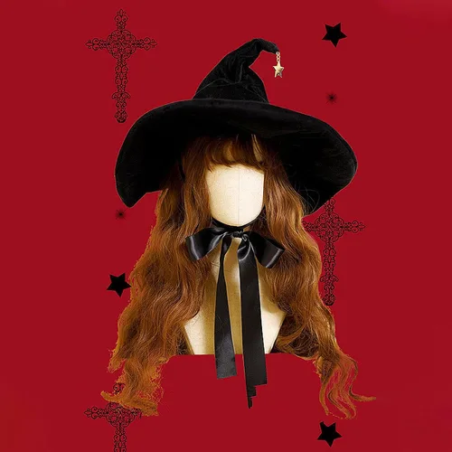 Vista 2 de Aetygh Sombrero de mago negro para mujeres y niñas, sombrero de bruja Lolita de Halloween con ala grande, sombrero de bruja, disfraz de fiesta