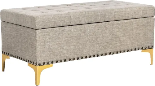 Vista 8 de Homebeez Banco otomano de almacenamiento de tela de lino, taburete rectangular con patas de metal (Y-gris oscuro)