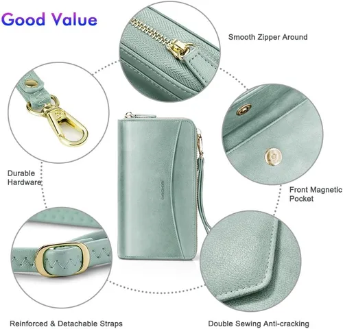 Vista 5 de nuoku Cartera RFID para mujer, bolso cruzado con cremallera alrededor de 2 correas