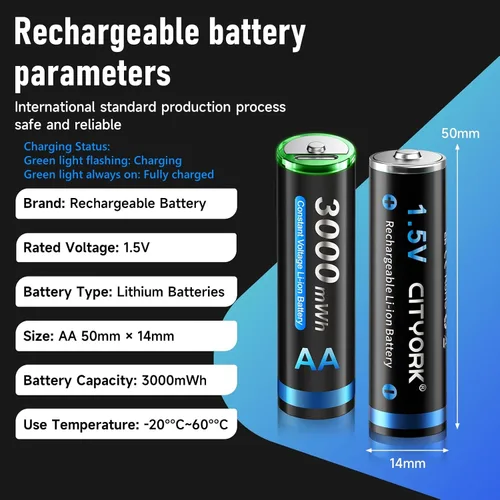 Vista 2 de CITYORK Baterías recargables AA de litio de 3000 mWh, paquete de 8, batería doble A recargable USB de 1.5 V
