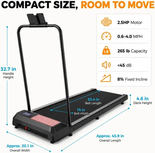 Vista 4 de Walking Pad with Handle Bar, 8% Incline, Compact Under Desk Treadmill 2.5HP quiet motor, 265 lb capacity, 0.6-4 MPH speed, 15 x 35.4 in belt