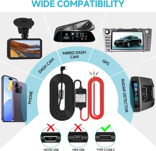 Vista 2 de Kit de cable duro para cámara de salpicadero, kit de cable duro para cámara tipo C de 3 conductores, kit de cable duro USB-C de 12V-24V a 5V
