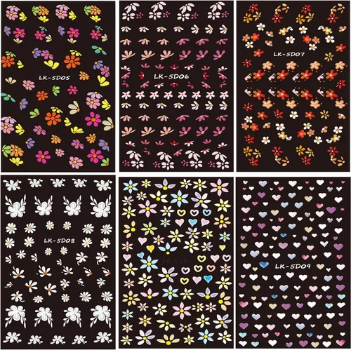 Vista 7 de Calcomanías de arte de uñas de flores 5D en relieve colorido diseño de margaritas calcomanías de uñas autoadhesivas suministros de arte de uñas