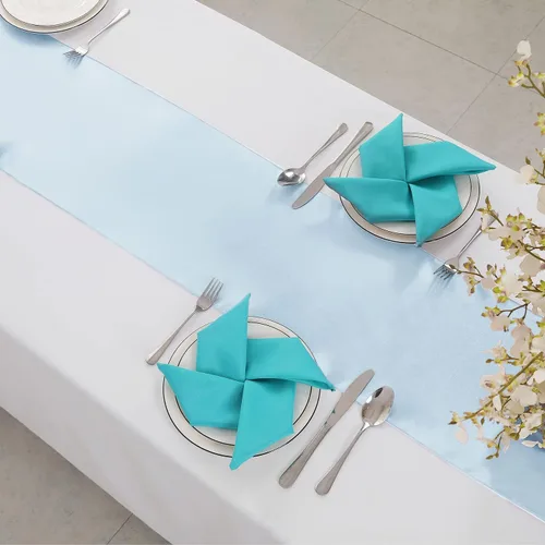 Vista 4 de Horbaunal - Juego de 12 caminos de mesa de satén azul claro de 12 x 108 pulgadas, caminos de mesa suaves para bodas, banquetes, fiestas de cumpleaños