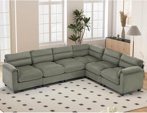 Vista 33 de HAOMARKETS Sofá esquinero modular en forma de L de 115 pulgadas con 2 otomanas móviles, sofás de pana de 8 plazas con cojín grueso para sala de Beige