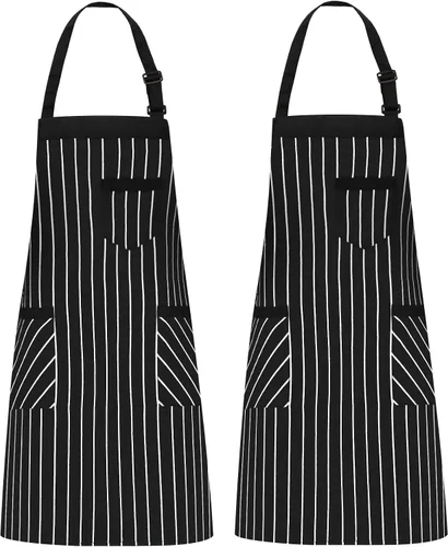 Vista 18 de NLUS Paquete de 2 delantales de cocina ajustables con babero, delantal de chef suave con 2 bolsillos para hombres y mujeres (rayas negras)