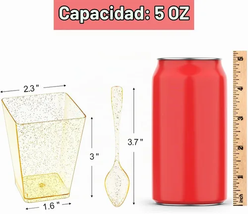 Vista 2 de 150 tazas de postre con purpurina dorada de 5 onzas con cucharas, sirve 50
