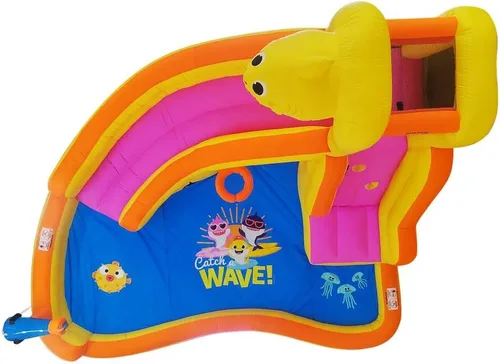 Vista 8 de Funormous Baby Shark - Casa de rebote con tobogán húmedo o seco, tobogán acuático inflable Pink Fong, diversión de tobogán acuático curvo