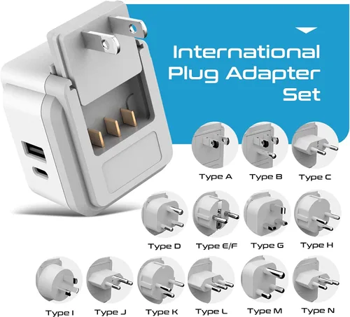 Vista 3 de Ceptics Adaptador de Enchufe de Corriente Internacional Juego de Viaje, 20W PD y QC, USB Dual Seguro y USB-C 3.1A - 2 Tomas de EE.UU. - Compacto
