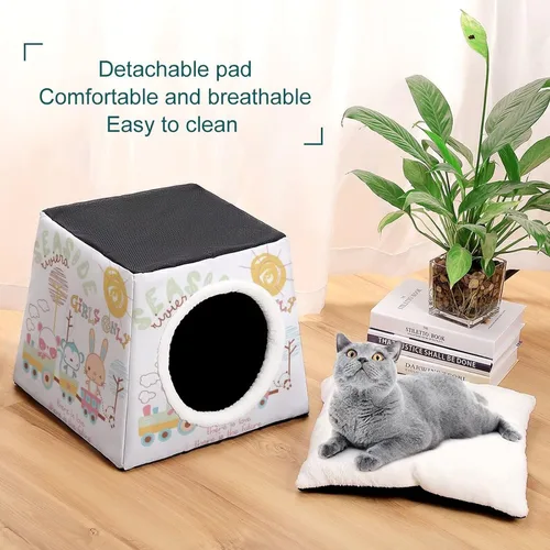 Vista 6 de Cama plegable para gatos y gatos, con cojín extraíble, diseño de conejo, mono y panda