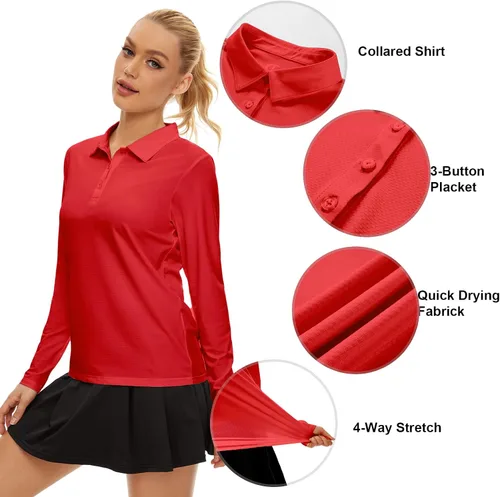 Vista 2 de Camisa polo de golf de manga larga para mujer, con protección solar UPF50+, absorbe la humedad, secado rápido