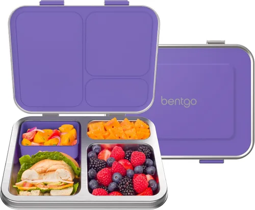 Vista 11 de Bentgo Kids - Lonchera de acero inoxidable resistente a fugas, 3 compartimentos Recipiente de silicona adicional, sin PFAS y BPA, resistente al