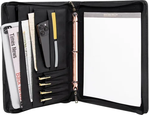 Vista 12 de Portafolio Personalizado de Cuero con Nombre Grabado, Organizador de Negocios Profesional con Cremallera para Hombres, Carpeta de Anillas