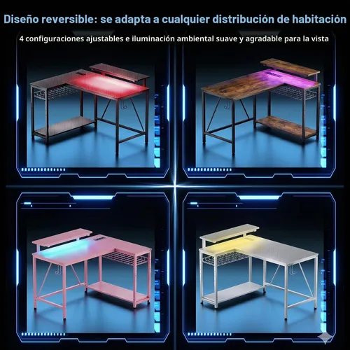 Vista 5 de Bestier - Escritorio de juegos con tomas de corriente, escritorio para computadora de 42 pulgadas en forma de L con luces LED, escritorio