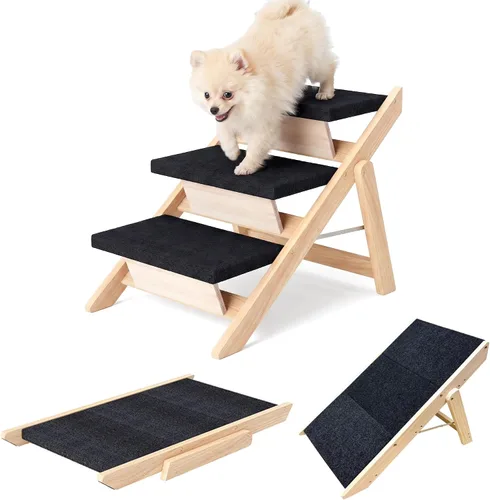 Vista 9 de Escaleras para perros, rampa para cama, escaleras y rampa plegables de madera 2 en 1 para mascotas, escalón portátil para perros de hasta 180 libras