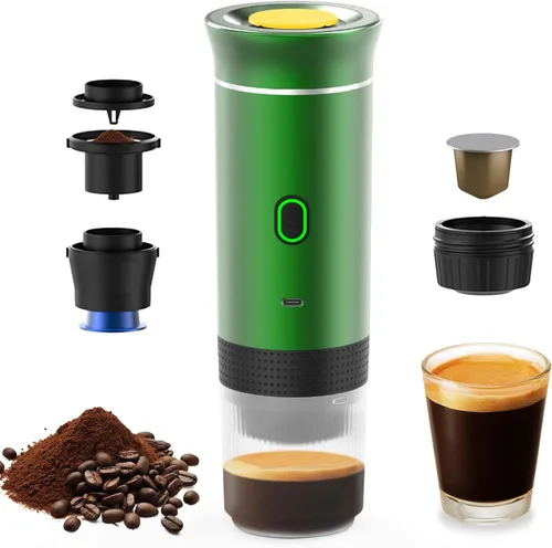 Vista 10 de Decdeal Cafetera inalámbrica para el coche, hogar, viajes, cafetera eléctrica 3 en 1, funciona con cápsulas y café molido de 15 bares, mini cafetera