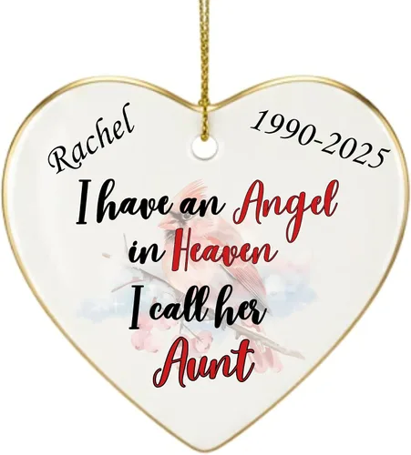 Vista 16 de Adorno de Navidad conmemorativo personalizado 2025 – Recuerdo de cerámica en forma de corazón – Tengo un ángel en el cielo I Call Her Primo – Regalo