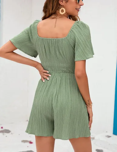 Vista 6 de KOJOOIN Women's Short Sleeve Square Neck Short Romper Off Shoulder Flutter Sleeve Wide Leg Mini Rompers