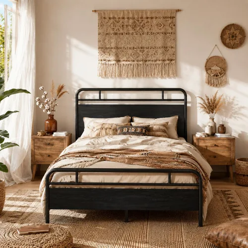 Vista 10 de SHA CERLIN Base de cama tamaño completo con cabecera de madera industrial vintage, plataforma de metal resistente con almacenamiento debajo