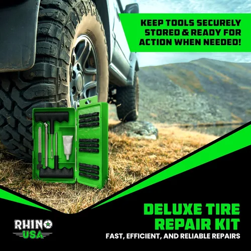 Vista 7 de Kit de reparación de neumáticos compacto Rhino USA (14 piezas) – Juego de tapones resistentes con lubricante incluido para arreglar pinchazos