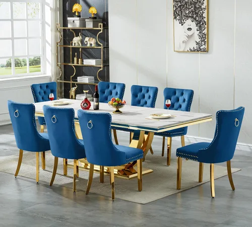 Vista 12 de SSLine Juego de mesa de comedor de mármol sintético blanco de 68 pulgadas