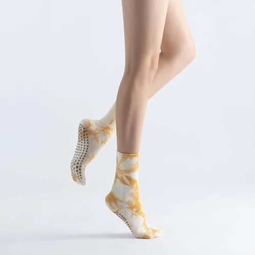 Vista 6 de Calcetines de yoga y pilates con empuñaduras para mujer, antideslizantes, coloridos, teñido anudado, acolchados, calcetines para bailar en barra