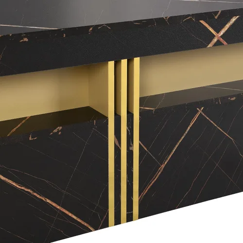 Vista 7 de SSLine Moderna mesa de centro cuadrada de color negro y dorado, mesa de centro de cóctel de mármol sintético de lujo con 4 cajones de Mármol negro