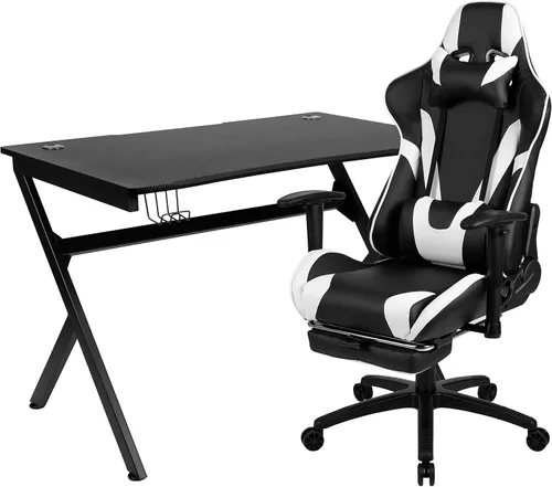 Vista 65 de Flash Furniture Juego de escritorio para juegos negro y silla de carreras blanco/negro con soporte para tazas, gancho para auriculares y soporte