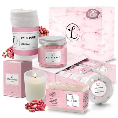 Vista 6 de Set de regalo de spa 100% natural, caja de regalo incluye: bomba de baño, sal de baño, jabón de manos, vela perfumada, paño facial y caja de regalo.