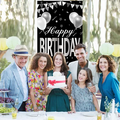 Vista 5 de Cartel de feliz cumpleaños negro y blanco plateado para hombres y mujeres, cubierta de puerta de feliz cumpleaños, suministros de fiesta, póster