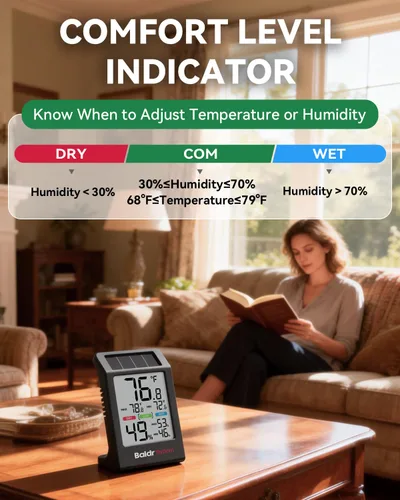 Vista 6 de BALDR Indoor Thermometer Hygrometer, Solar Power with Battery Backup, Large Display, Daily Max/Min & Comfort Indicator Humidity Meter（Black）