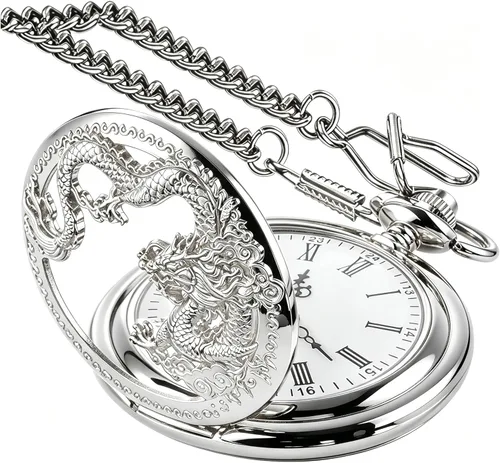 Vista 12 de Dragon Quartz Pocket Watches for Men Roman Numerals Pocket Watch with Chain Cus-CF18-plata