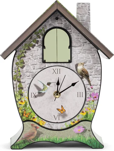Vista 3 de Mark Feldstein Garden Cottage Singing Cardinal - Reloj de cuco con sonido de pared, 14 x 10