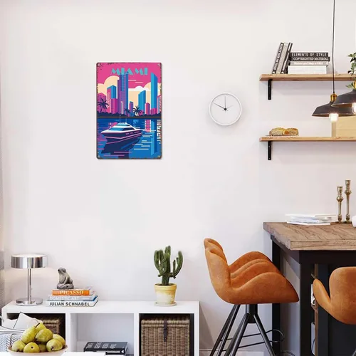 Vista 6 de Cartel de metal divertido de Miami – City Skyline, Retro, póster de los años 80 para decoración de pared para el hogar, hombre, cueva, oficina