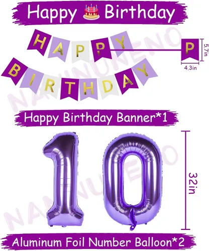 Vista 5 de Decoraciones de cumpleaños número 10 para niñas, globos morados de feliz cumpleaños, pancarta, globos de números, serpentinas de estrellas