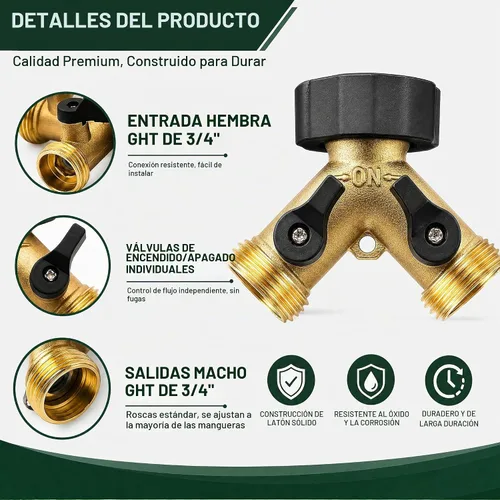 Vista 3 de Xiny Tool Divisor de manguera, divisor de manguera de jardín resistente de 2 vías, manguera de agua de latón macizo, divisor en Y, 2 válvulas con 2
