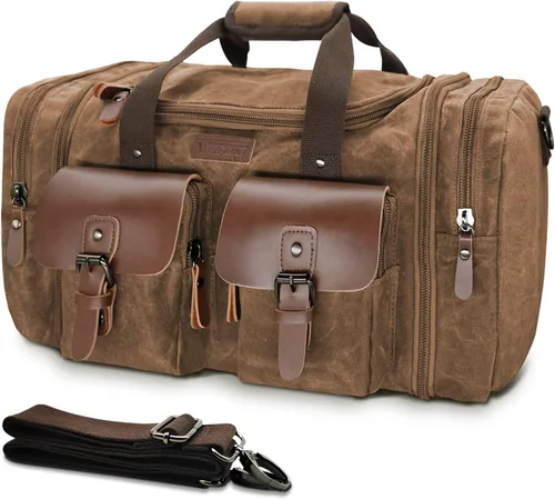 Vista 25 de Wildroad Bolsa de viaje de lona de 50L, bolsa de lona expandible de cuero genuino, bolsa de fin de semana mejorada para una noche, bolsa de mano