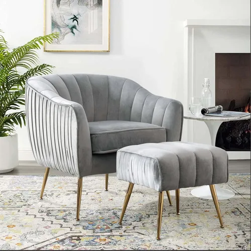 Vista 7 de Silla decorativa de terciopelo, Silla moderna de barril, Sillones de brazo para sala de estar, acabado dorado, gris