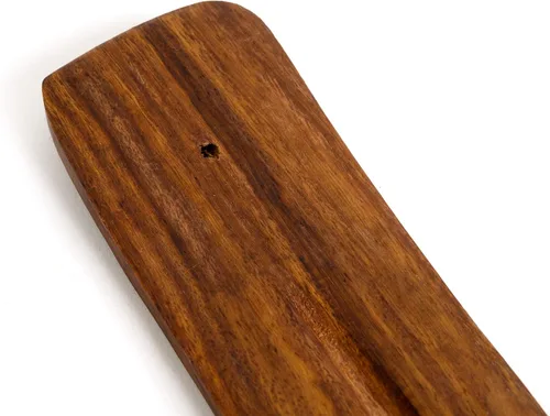 Vista 5 de Soporte de incienso de madera para palos con incrustaciones de luna creciente de latón de 10 pulgadas de largo
