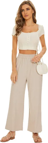 Vista 4 de Pantalones básicos de lino para mujer, cintura elástica, pierna ancha, pantalones casuales con bolsillos