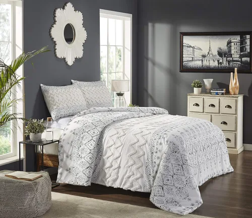 Vista 4 de Beatrice Home Fashions Agra - Juego de edredón de chenilla de algodón de 3 piezas, tamaño Queen, gris y blanco